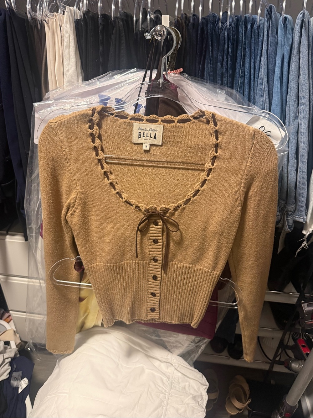 Frankie's Bikinis Tan Cropped Knit Cardigan with Lace Trim